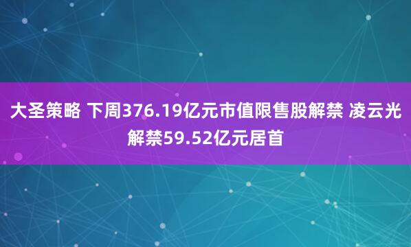 大圣策略 下周376.19亿元市值限售股解禁 凌云光解禁59.52亿元居首
